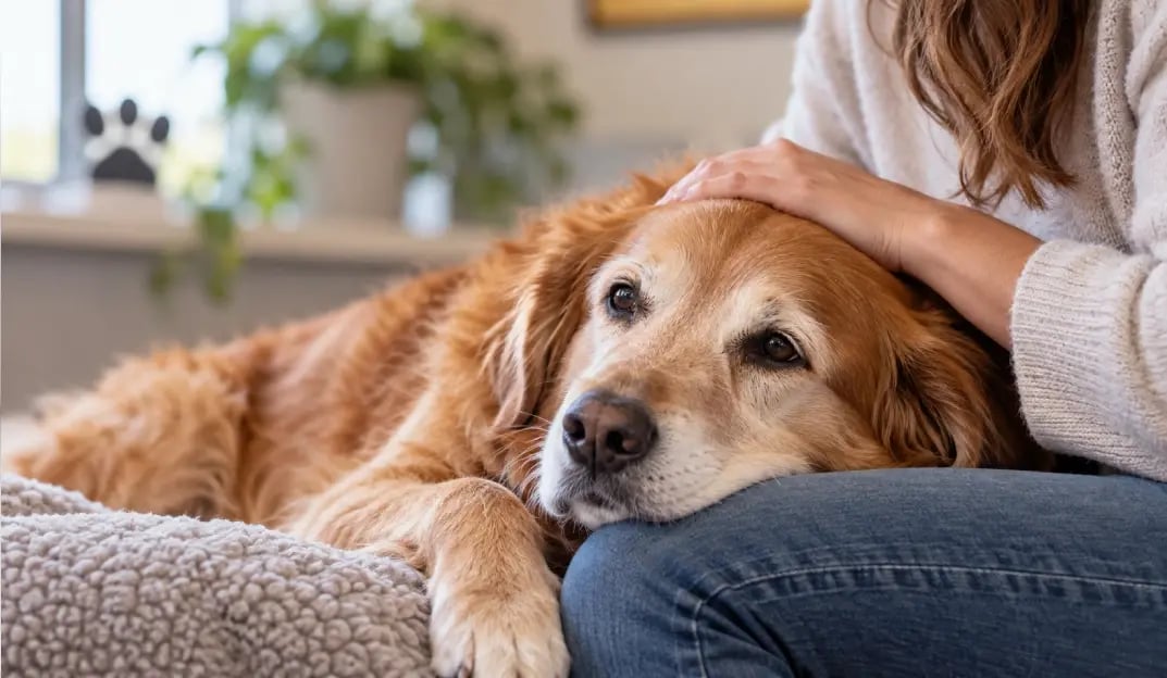 Golden retriever laying in its owner's lap.