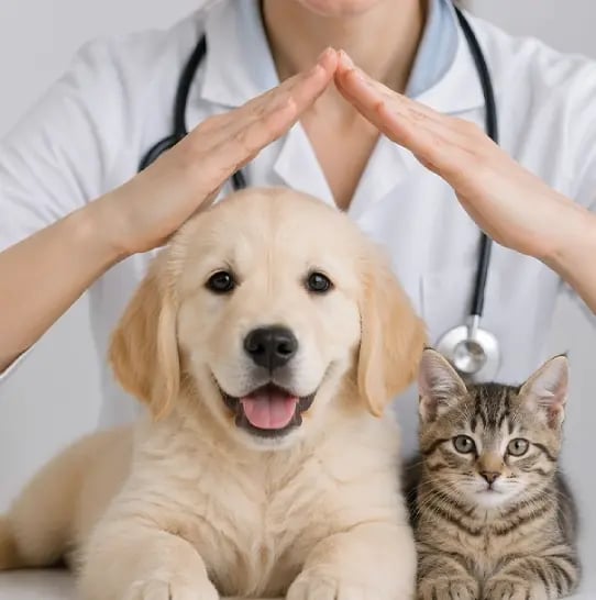 Vet with hands above a dog and cat.