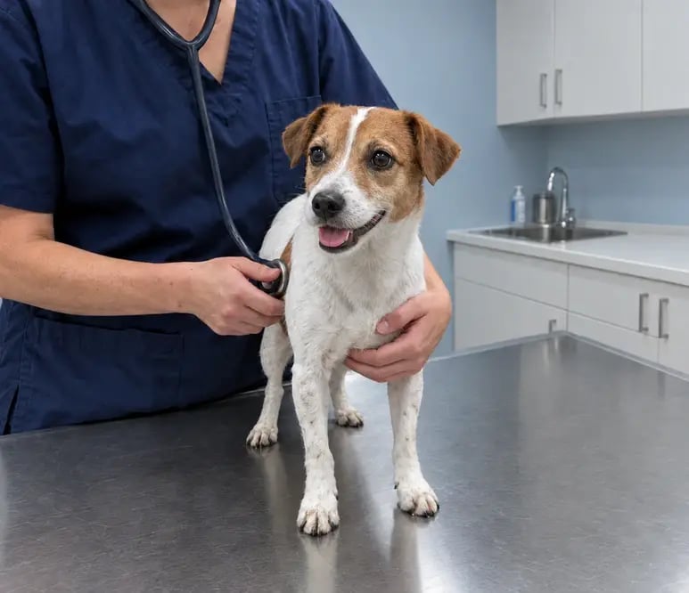 Smiling jack russell terrier at the vet's office.